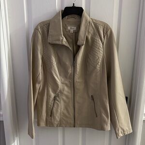 Tan Faux Leather Jacket with fabric ribbing on sleeves and sides